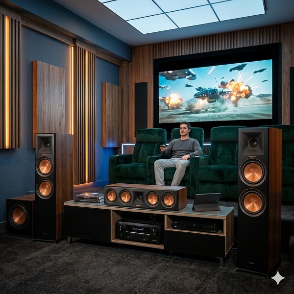 Hình ảnh loa Klipsch RP-6000F II trong cấu hình Home Theater với vai trò loa Front cho âm thanh rộng và mạnh.